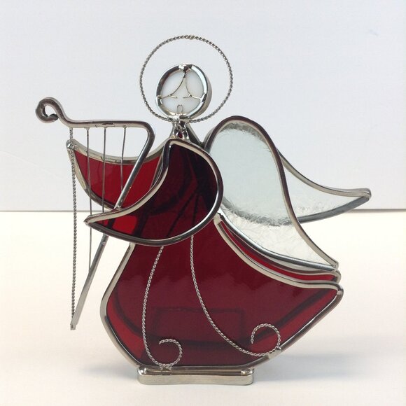 Vintage Red Stained Glass Harp Playing Angel Votive/Tealight Holder - Picture 1 of 16